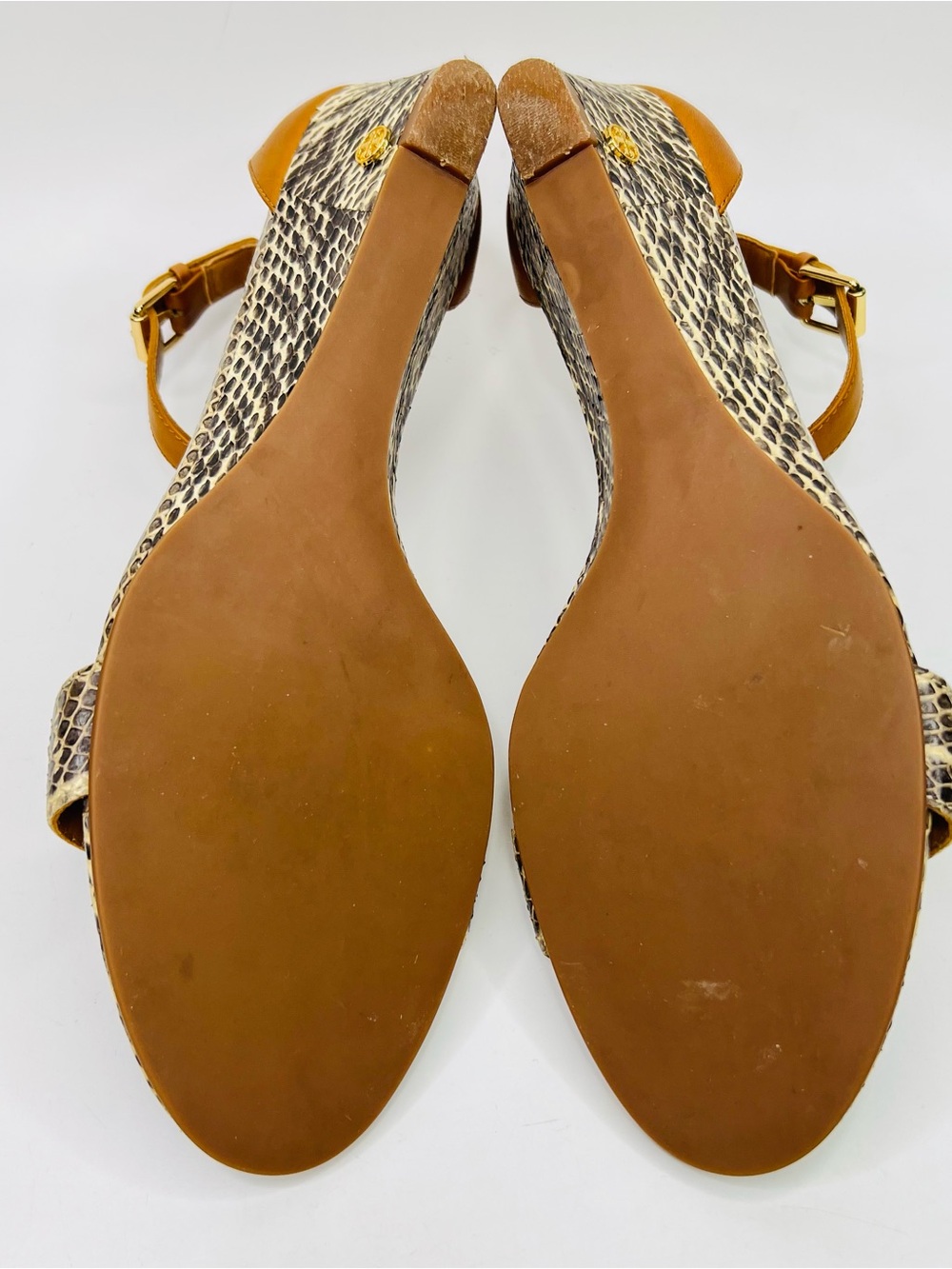 Tory Burch Savannah Snakeskin/Tan Wedge Ankle Strap Sandals Size 11 - Picture 11 of 15